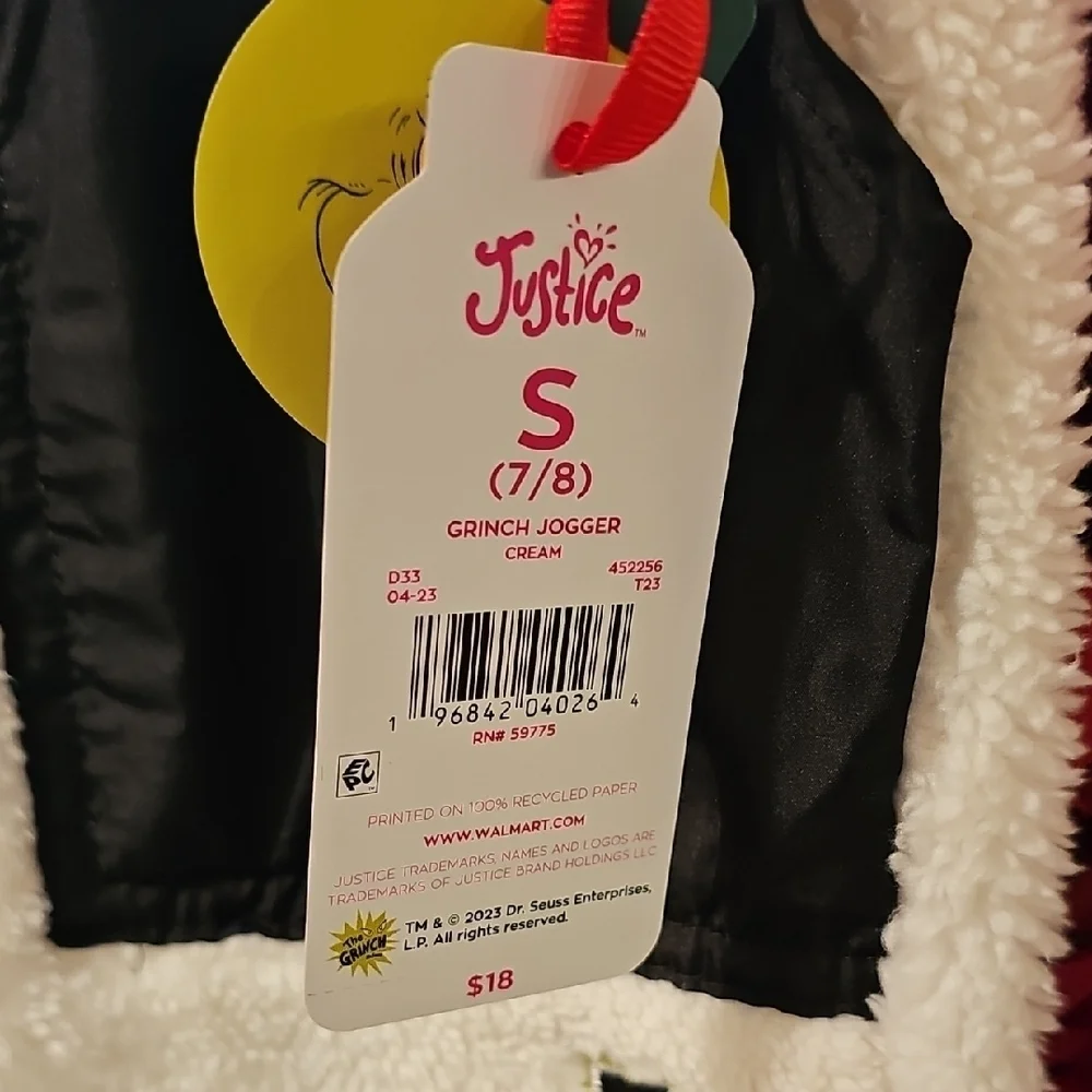 Justice NWT Girls Cream and Black Fleece  Bottoms With Grinch Detail